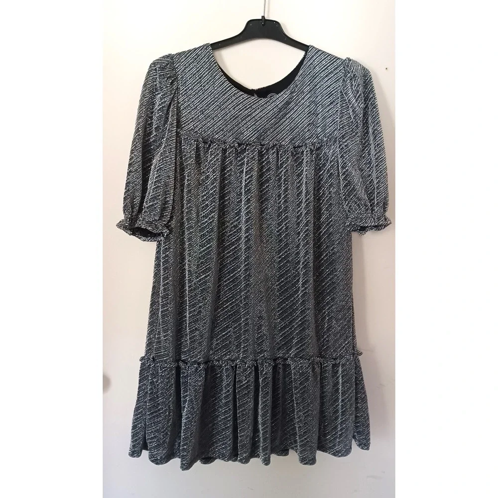 Wonder Nation Dress Girls XXL 18 Metallic Black Silver Puff Sleeve Party Glam‎